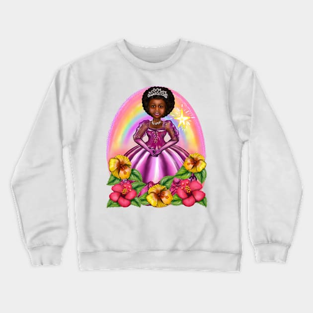 Black Afro Princess in purple with flowers and rainbow i ! beautiful  black girl with Afro hair, brown eyes and dark brown skin. Hair love ! Crewneck Sweatshirt by Artonmytee